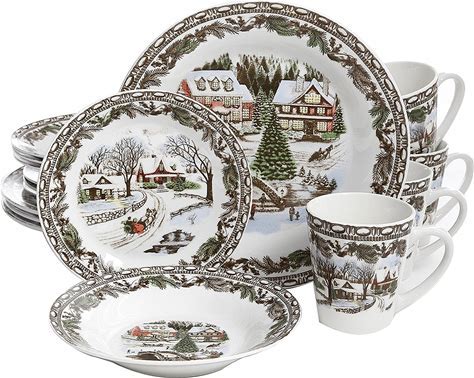 Gibson Home Christmas Toile 16-Piece Dinnerware Set